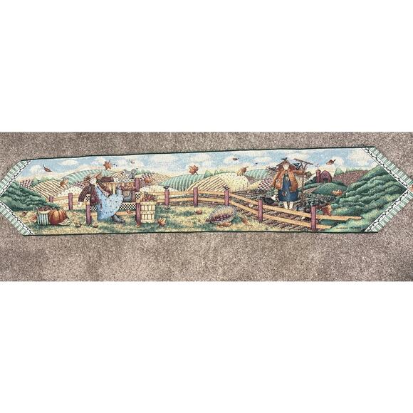 Vintage Debbie Mumm Tapestry Table Runner Tassels Farmhouse Fall Scarecrows - Picture 8 of 8